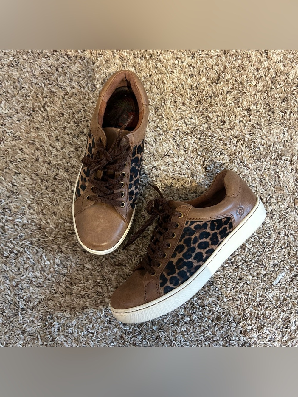 Born Leather velour leopard cheetah contrast brown sneakers shoes 7
